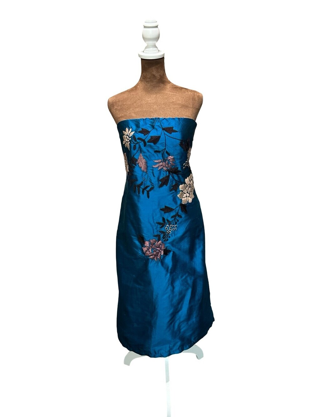 Moonstone Women's 8 Blue Silk Strapless Midi Cocktail Party Dress Wedding Guest